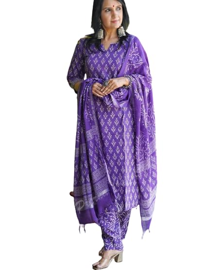 Women's Cotton Printed Straight Kurta With Palazzo & Dupatta Set
