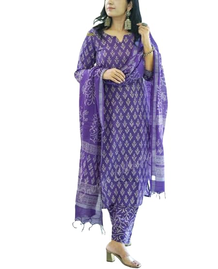 Women's Cotton Printed Straight Kurta With Palazzo & Dupatta Set