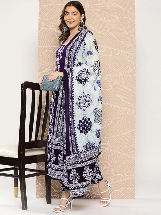 Women's Rayon Blend Straight Printed Kurta Set With Dupatta