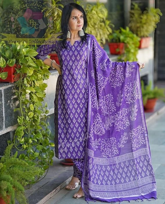 Women's Cotton Printed Straight Kurta With Palazzo & Dupatta Set