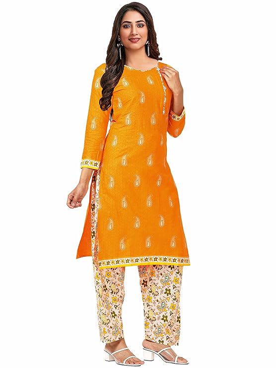 Indian Cotton Printed Readymade Salwar Suit For Women - Yellow