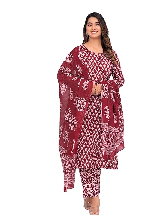 Women's Cotton Printed Straight Kurta With Palazzo & Dupatta Set