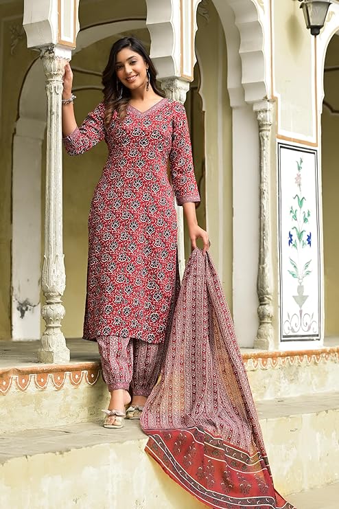 Women Straight Block Printed Kurta and Pant Set with Dupatta | Ethnic Set | Dupatta Set | Suit Set | Kurta Set | Wedding Suit |
