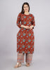 Ethnic Fire Printed Cotton Red Party Wear/Casual Wear Kurta Set/Suit