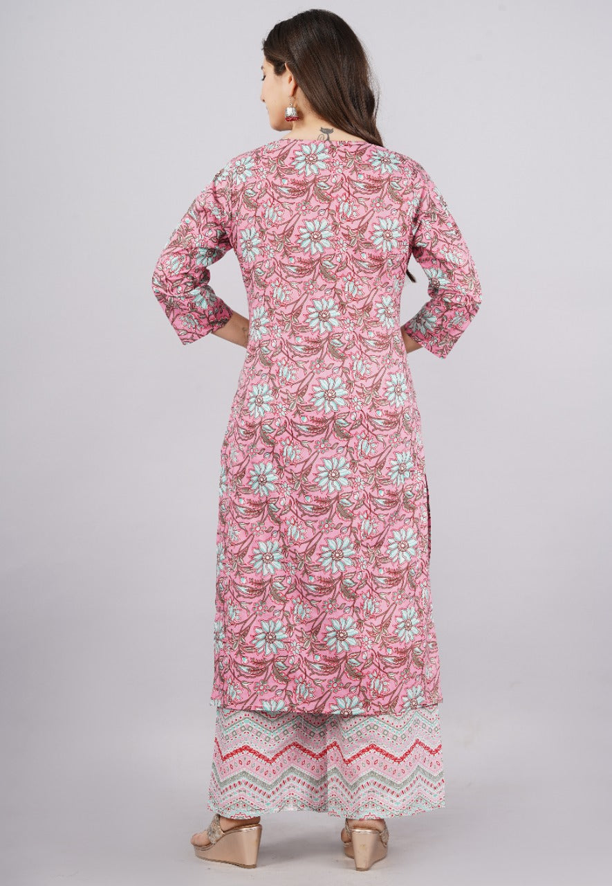 Ethnic Fire Printed Cotton Pink Party Wear/Casual Wear Kurta Set/Suit