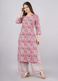 Ethnic Fire Printed Cotton Pink Party Wear/Casual Wear Kurta Set/Suit