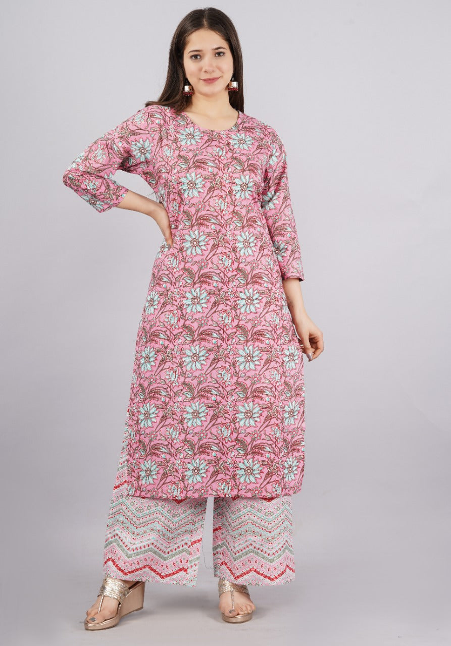 Ethnic Fire Printed Cotton Pink Party Wear/Casual Wear Kurta Set/Suit
