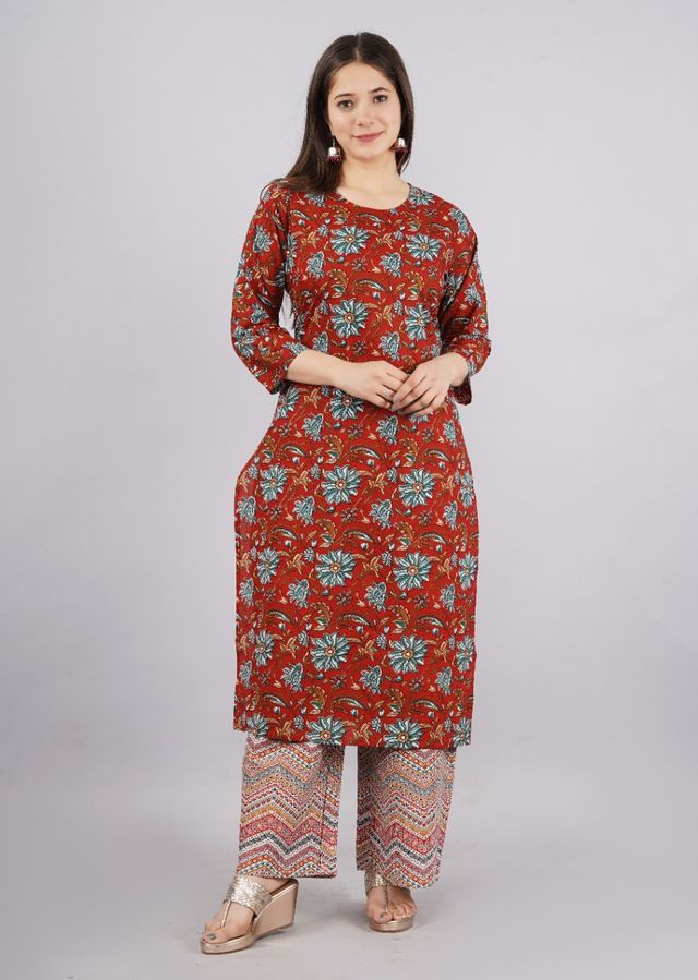 Ethnic Fire Printed Cotton Red Party Wear/Casual Wear Kurta Set/Suit