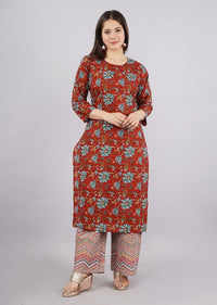 Ethnic Fire Printed Cotton Red Party Wear/Casual Wear Kurta Set/Suit