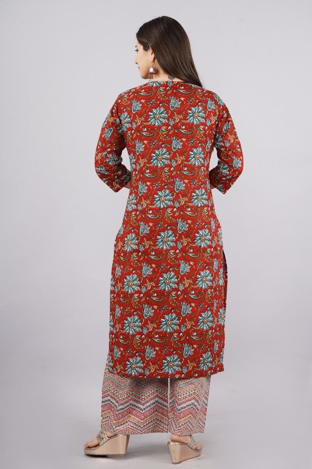 Ethnic Fire Printed Cotton Red Party Wear/Casual Wear Kurta Set/Suit