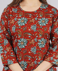 Ethnic Fire Printed Cotton Red Party Wear/Casual Wear Kurta Set/Suit