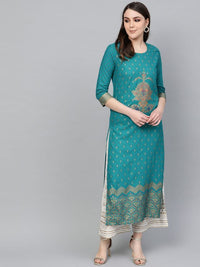 Ethnic Fire Sky Blue Printed Rayon Party Wear/Casual Wear Kurta Set/Suit