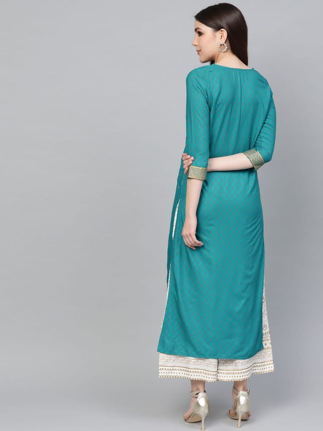 Ethnic Fire Sky Blue Printed Rayon Party Wear/Casual Wear Kurta Set/Suit