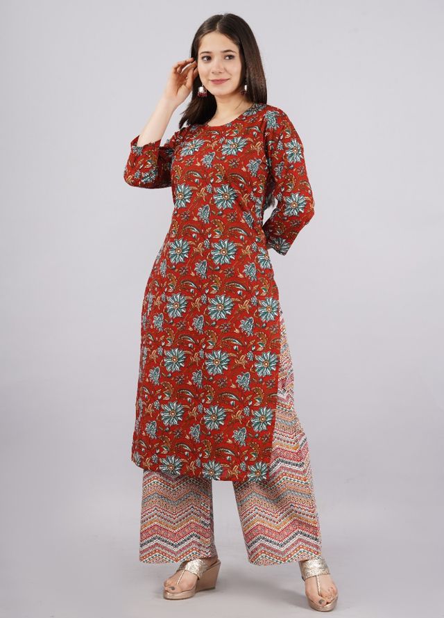 Ethnic Fire Printed Cotton Red Party Wear/Casual Wear Kurta Set/Suit